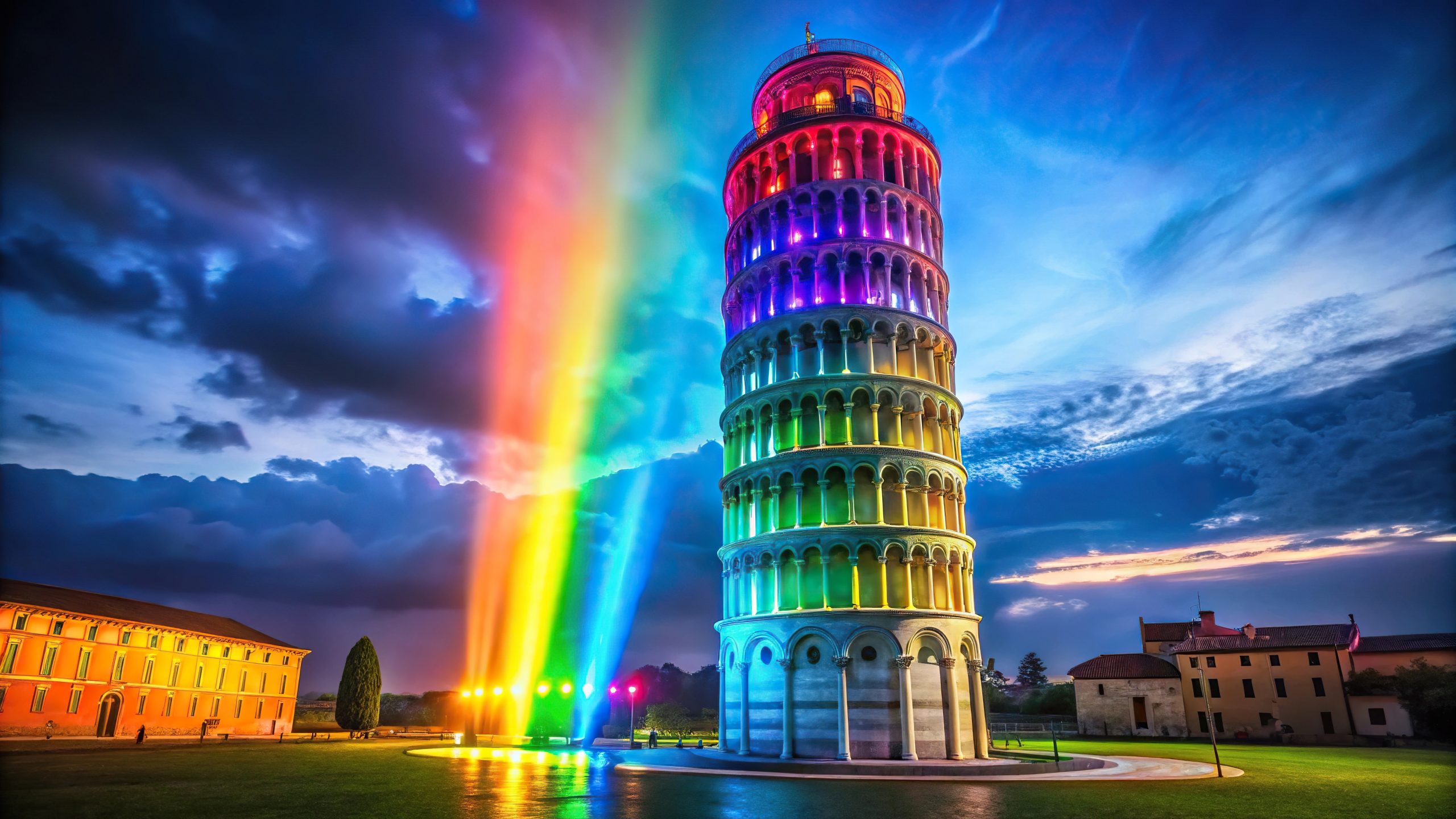 Vibrant neon lights illuminating the Leaning Tower of Pisa at night